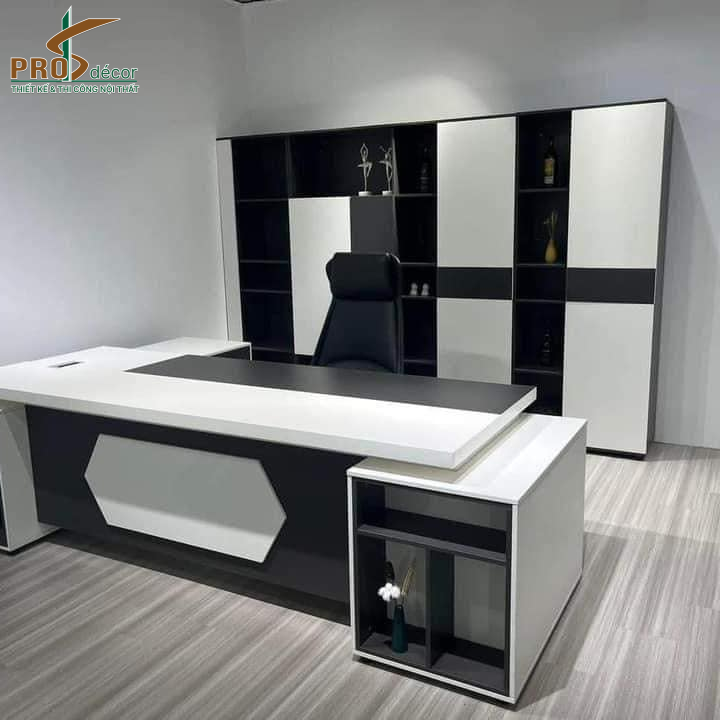 Bàn Làm Việc Tone Trắng Đen Sang Trọng Kết Hợp Kệ Sách