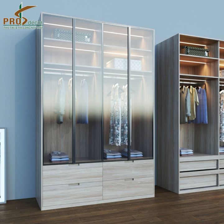 Tủ Quần Áo Cánh Kính Hiện Đại Kết Hợp Kệ Trang Trí